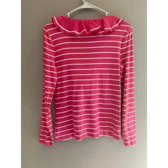 Lauren Ralph Lauren Long-Sleeved Pink and White Striped Ruffled V-Neck Shirt - Picture 5 of 7